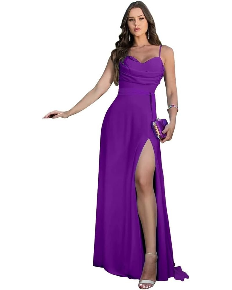 Women's Spaghetti Strap Chiffon Long Bridesmaid Dresses with Slit Cowl Neck A Line Formal Evening Gowns Purple $32.20 Dresses