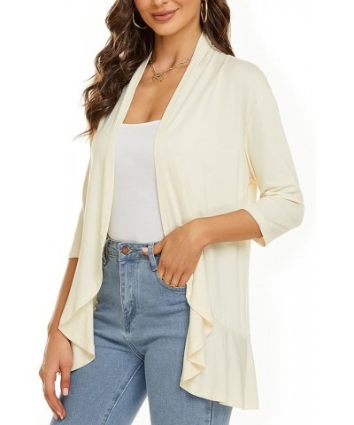 Women Autumn Solid Cardigans 3/4 Sleeves Summer Open Front Cover ups Casual Spring Tops Draped Ruffles Beige $10.75 Sweaters