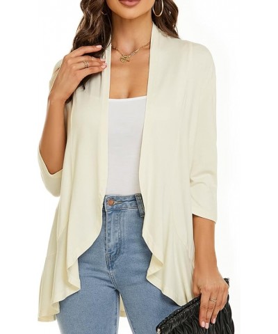 Women Autumn Solid Cardigans 3/4 Sleeves Summer Open Front Cover ups Casual Spring Tops Draped Ruffles Beige $10.75 Sweaters