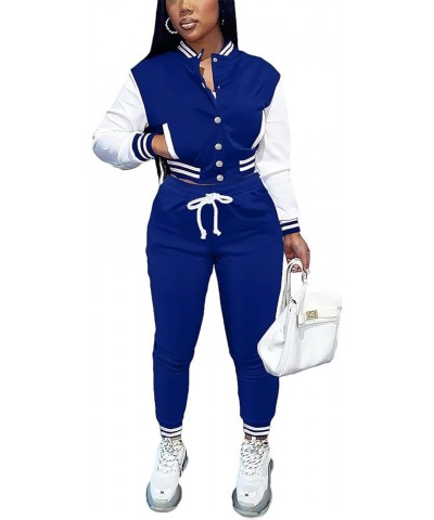 Women's Two Piece Varsity Outfits Long Sleeve Jacket Baseball Casual Sweatsuits Suit Blue $24.98 Activewear