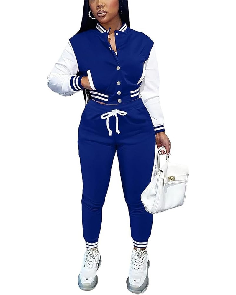 Women's Two Piece Varsity Outfits Long Sleeve Jacket Baseball Casual Sweatsuits Suit Blue $24.98 Activewear