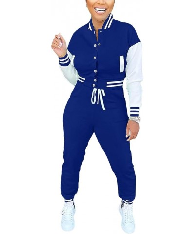 Women's Two Piece Varsity Outfits Long Sleeve Jacket Baseball Casual Sweatsuits Suit Blue $24.98 Activewear