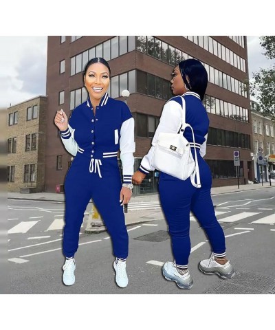 Women's Two Piece Varsity Outfits Long Sleeve Jacket Baseball Casual Sweatsuits Suit Blue $24.98 Activewear