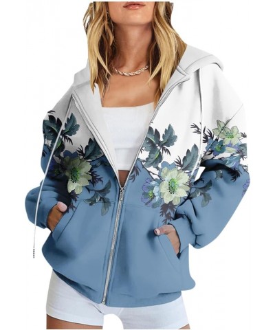 Hoodies For Women,Women'S Oversized Floral Print Zip Up Hooded Jacket Drawstring Hoodies Y2K Jackets With Pockets 1-dark Blue...