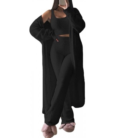 Women's Fuzzy Sherpa Fleece 3 Piece Outfit Coat Jacket Outwear and Spaghetti Strap Crop Top Shorts Set Black $21.60 Activewear