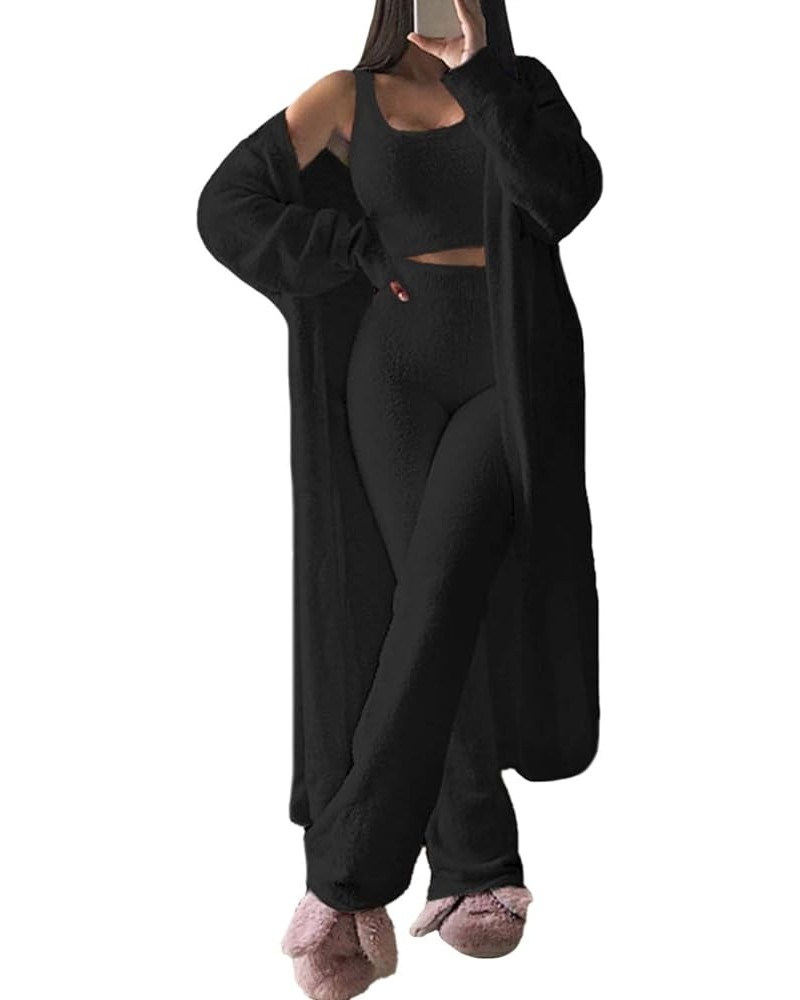 Women's Fuzzy Sherpa Fleece 3 Piece Outfit Coat Jacket Outwear and Spaghetti Strap Crop Top Shorts Set Black $21.60 Activewear