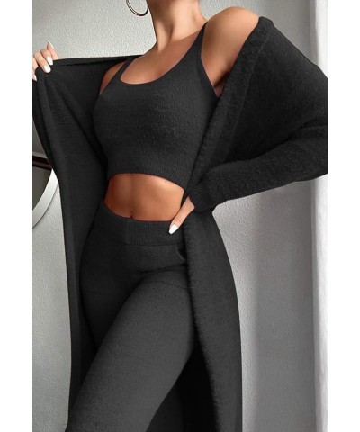 Women's Fuzzy Sherpa Fleece 3 Piece Outfit Coat Jacket Outwear and Spaghetti Strap Crop Top Shorts Set Black $21.60 Activewear