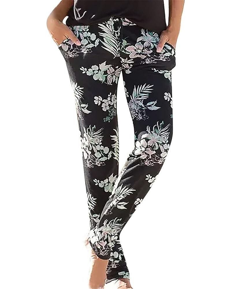 Women High Waist Boho Printing Easy Trousers Long Pants Beach Pockets Lounge Pants Wide Leg Stretch Drawstring Palazzo C Blac...