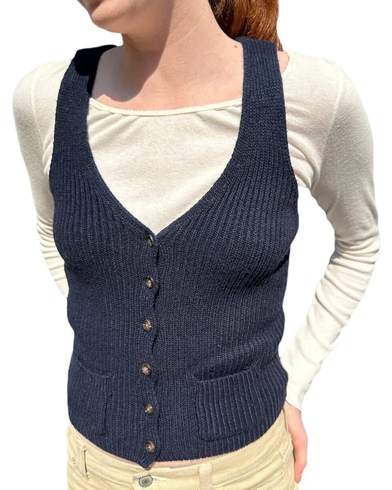 Women Button Front Vest V Neck Fitted Crop Waistcoat Jacket Y2k Sleeveless Outwear Vintage Streetwear Top B 44 Navy $8.80 Jac...