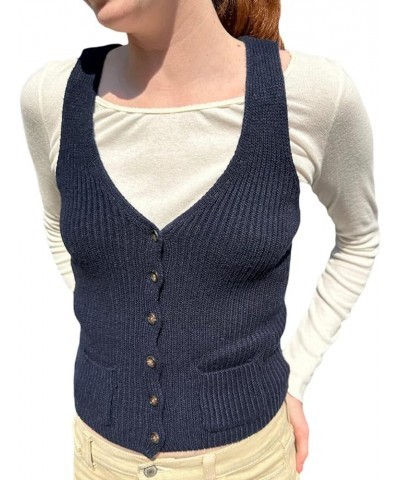 Women Button Front Vest V Neck Fitted Crop Waistcoat Jacket Y2k Sleeveless Outwear Vintage Streetwear Top B 44 Navy $8.80 Jac...