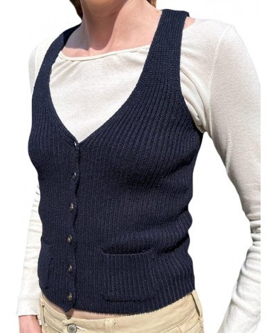 Women Button Front Vest V Neck Fitted Crop Waistcoat Jacket Y2k Sleeveless Outwear Vintage Streetwear Top B 44 Navy $8.80 Jac...