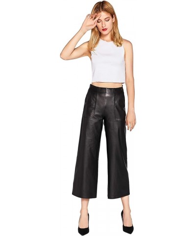 Women's Real Leather Pants High Waist Leather Wide Leg Pants Black SmartUniverseWear Black $81.94 Pants