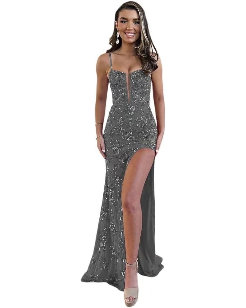 Women's Long Sweetheart Tulle Prom Dresses with Slit Mermaid Formal Evening Gowns with Lace Applique PU115 Gray $42.00 Dresses