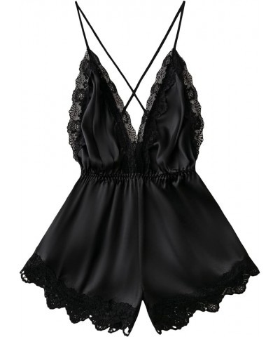 Women's 2023 Satin Teddy Lingerie Lace Deep V Backless Sleeveless Romper Sleepwear Black $12.21 Others