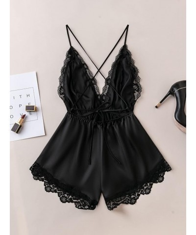 Women's 2023 Satin Teddy Lingerie Lace Deep V Backless Sleeveless Romper Sleepwear Black $12.21 Others