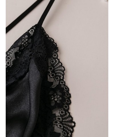 Women's 2023 Satin Teddy Lingerie Lace Deep V Backless Sleeveless Romper Sleepwear Black $12.21 Others