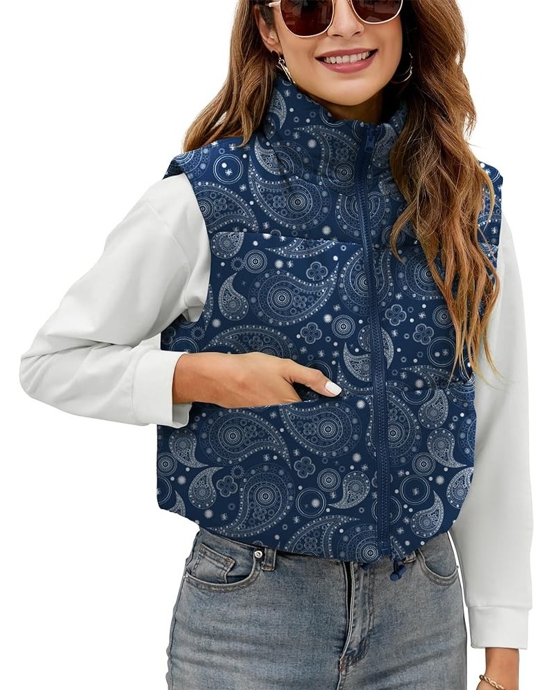 Women's Winter Crop Vest Warm Sleeveless Coat Jacket Lightweight Puffer Gilet Outerwear with Pocket Floral Blue $21.70 Vests