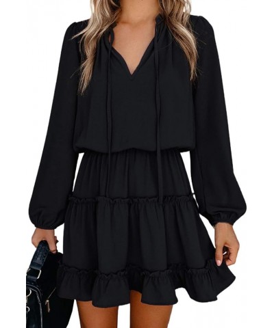 Women's Lantern Casual Fall Dresses V Neck Tie Neck Long Sleeve High Waist Dot Ruffle Tiered Flowy Swing Mini Dress Black $25...