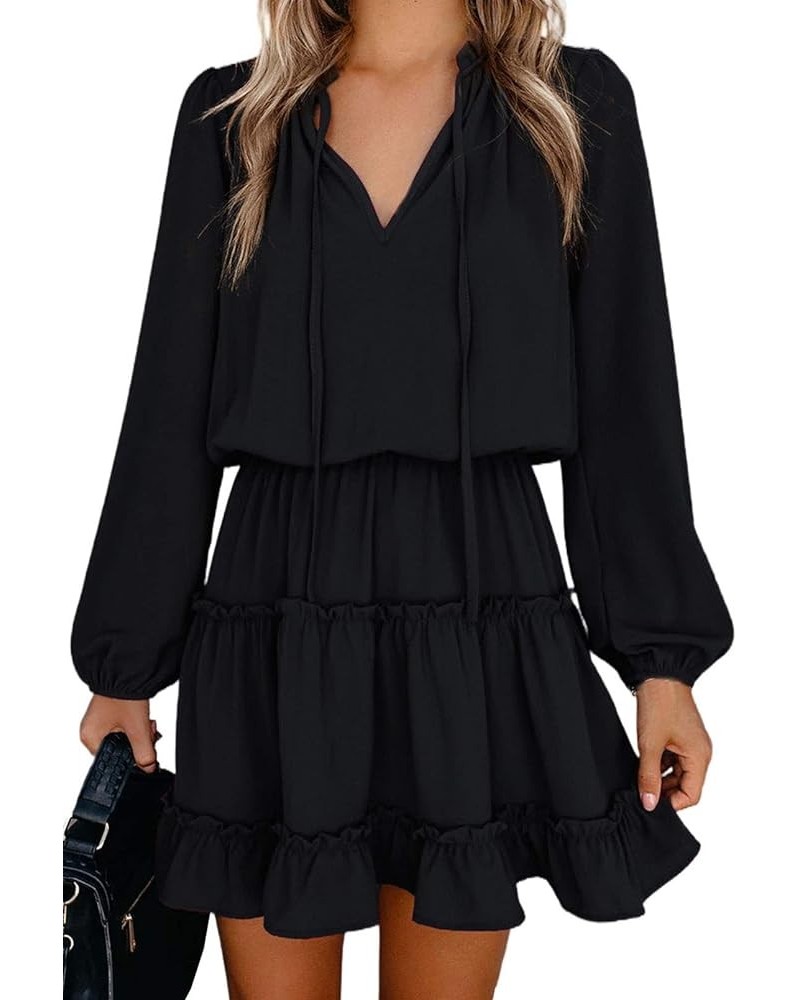 Women's Lantern Casual Fall Dresses V Neck Tie Neck Long Sleeve High Waist Dot Ruffle Tiered Flowy Swing Mini Dress Black $25...