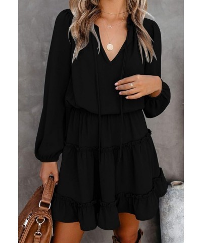 Women's Lantern Casual Fall Dresses V Neck Tie Neck Long Sleeve High Waist Dot Ruffle Tiered Flowy Swing Mini Dress Black $25...