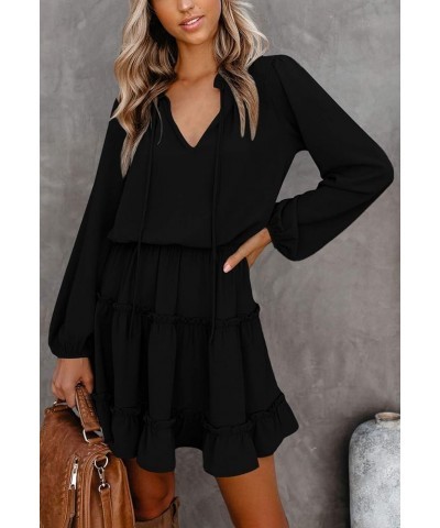 Women's Lantern Casual Fall Dresses V Neck Tie Neck Long Sleeve High Waist Dot Ruffle Tiered Flowy Swing Mini Dress Black $25...