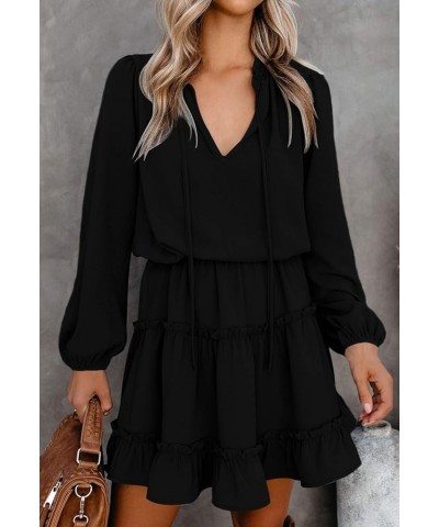 Women's Lantern Casual Fall Dresses V Neck Tie Neck Long Sleeve High Waist Dot Ruffle Tiered Flowy Swing Mini Dress Black $25...