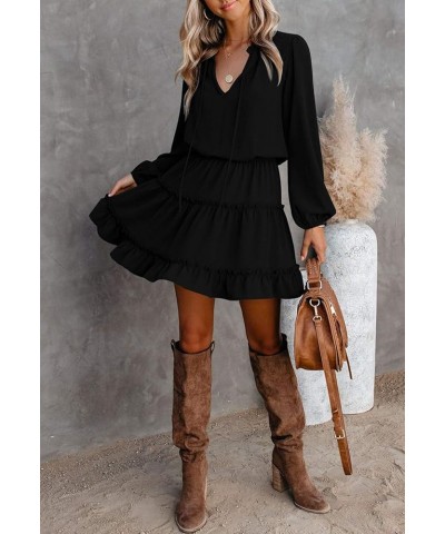 Women's Lantern Casual Fall Dresses V Neck Tie Neck Long Sleeve High Waist Dot Ruffle Tiered Flowy Swing Mini Dress Black $25...