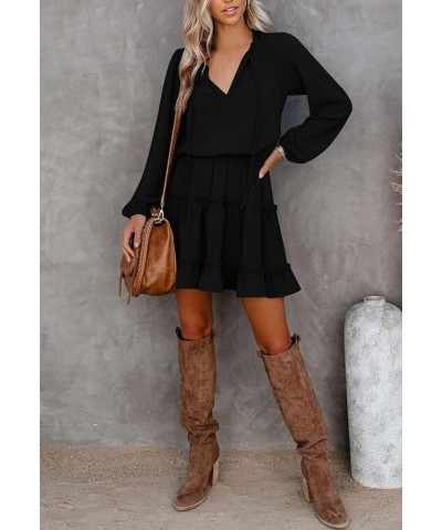 Women's Lantern Casual Fall Dresses V Neck Tie Neck Long Sleeve High Waist Dot Ruffle Tiered Flowy Swing Mini Dress Black $25...