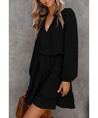 Women's Lantern Casual Fall Dresses V Neck Tie Neck Long Sleeve High Waist Dot Ruffle Tiered Flowy Swing Mini Dress Black $25...