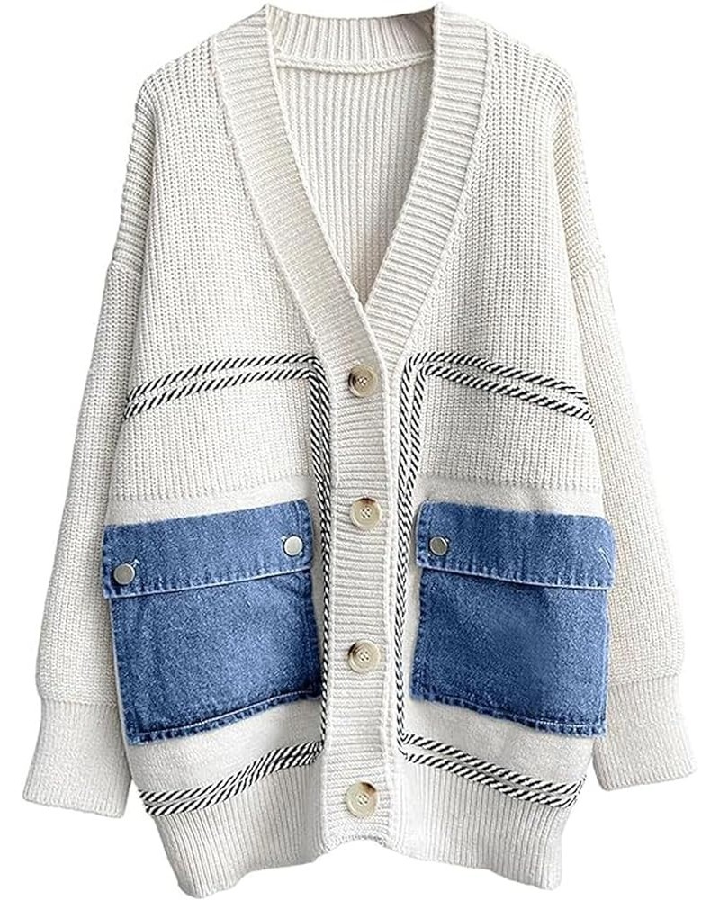 Women's Open Front Cardigan Oversized Button Down Denim Jean Patchwork Sweater Coat White $22.44 Sweaters