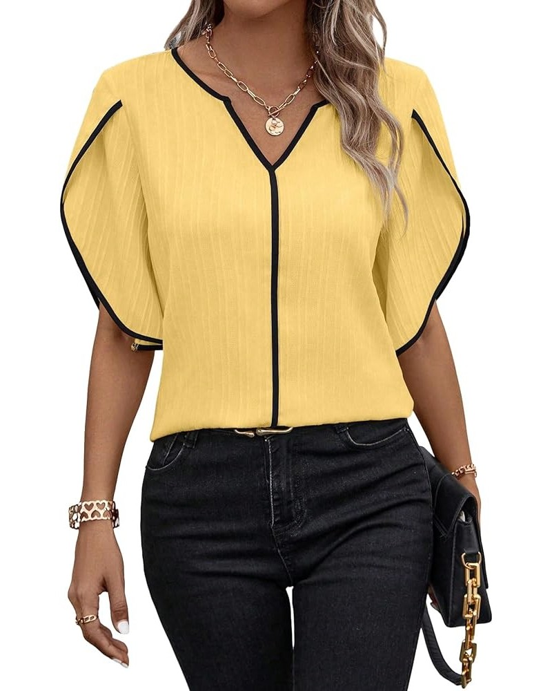 Women's V Neck Blouse Half Sleeve Casual Pullover Work Shirt Tops Yellow $14.78 Blouses