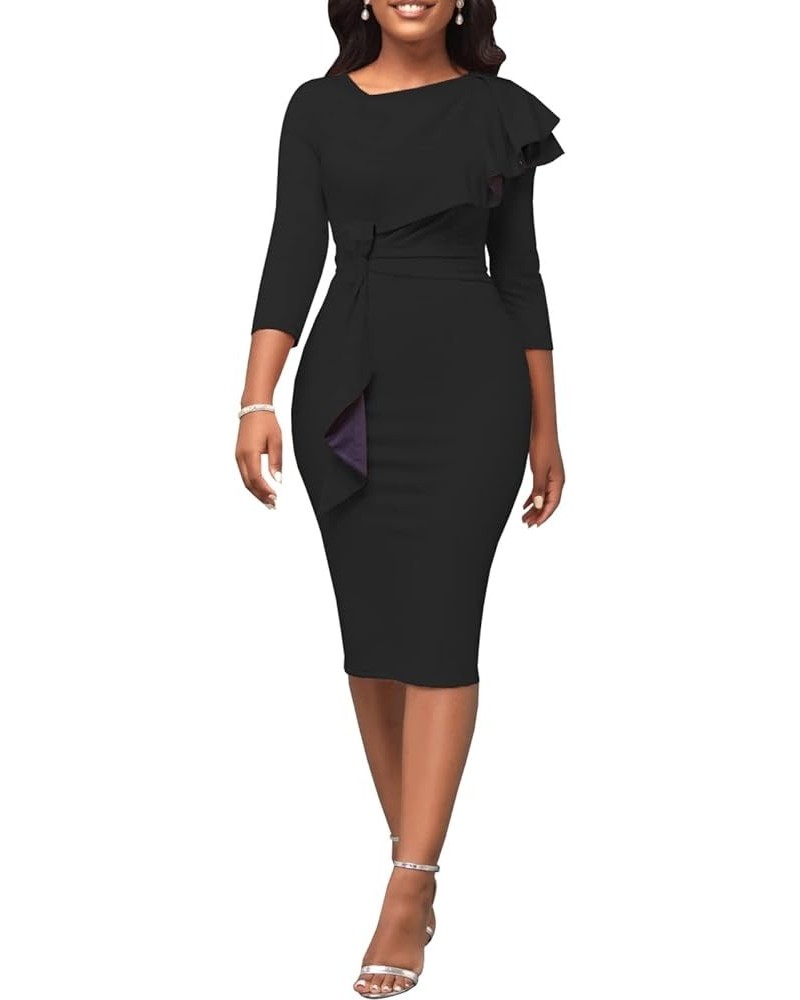 Retro Bodycon Work Midi Dress for Women Semi Formal Office Square Neck Long Sleeve Sheath Pencil Dresses 11792 Black $14.28 D...