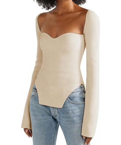 Womens Square Neck Long Sleeve Sweaters Low Cut Stretch Ribbed Knit Tops Casual Slim Fit Solid Basic Tee Blouse Beige $10.25 ...