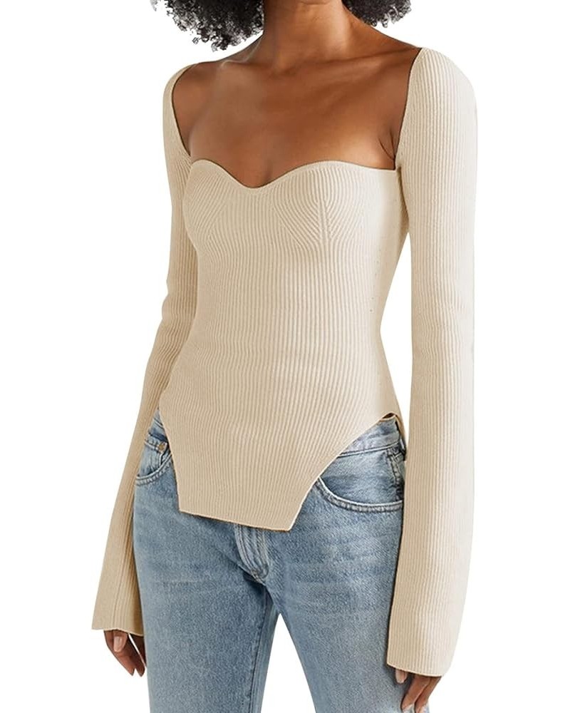 Womens Square Neck Long Sleeve Sweaters Low Cut Stretch Ribbed Knit Tops Casual Slim Fit Solid Basic Tee Blouse Beige $10.25 ...