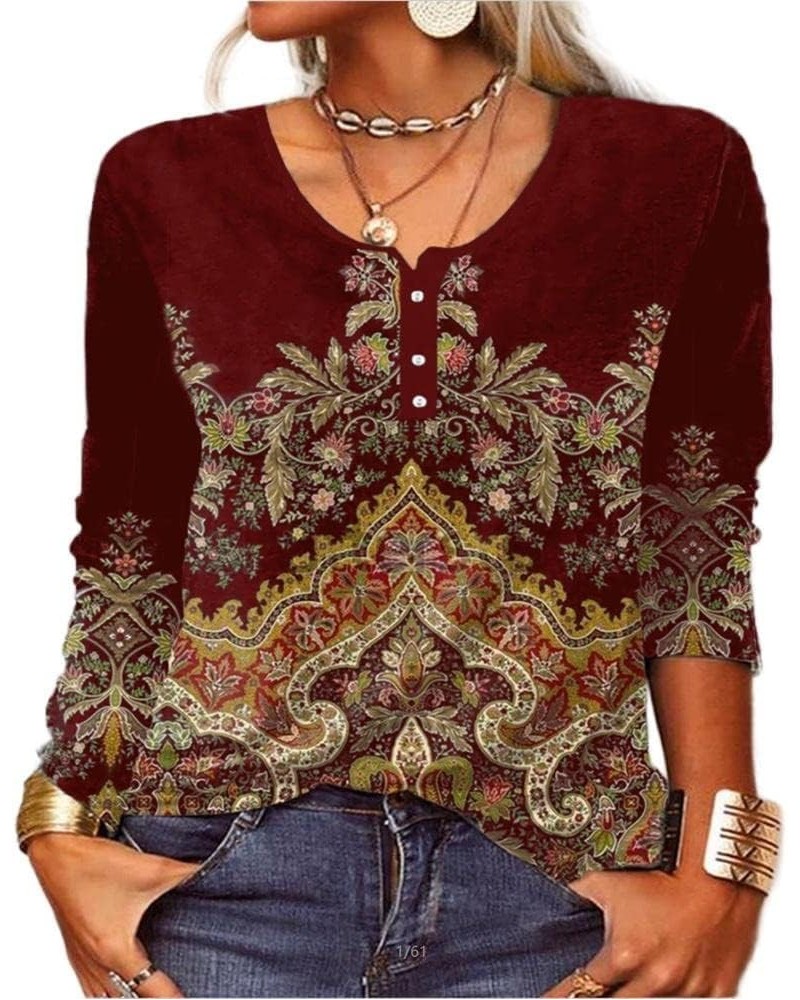 Womens Boho Ethnic Floral Print Shirt Long Sleeve Henley V Neck Button Front Casual Blouse Plus Size Tunics Tops B Red Floral...