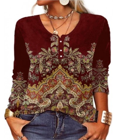 Womens Boho Ethnic Floral Print Shirt Long Sleeve Henley V Neck Button Front Casual Blouse Plus Size Tunics Tops B Red Floral...