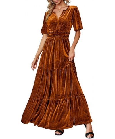 Women's Velvet Short Sleeve V Neck Formal Wedding Guest Maxi Dresses Fall Evening Party Long Dresses C-earthy Orange $30.23 D...