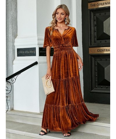 Women's Velvet Short Sleeve V Neck Formal Wedding Guest Maxi Dresses Fall Evening Party Long Dresses C-earthy Orange $30.23 D...