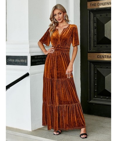 Women's Velvet Short Sleeve V Neck Formal Wedding Guest Maxi Dresses Fall Evening Party Long Dresses C-earthy Orange $30.23 D...