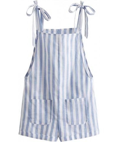 Women Boho Striped Sleeveless Romper Tie Shoulder Pockets Front Overall Jumpsuit Blue and White $13.19 Jumpsuits