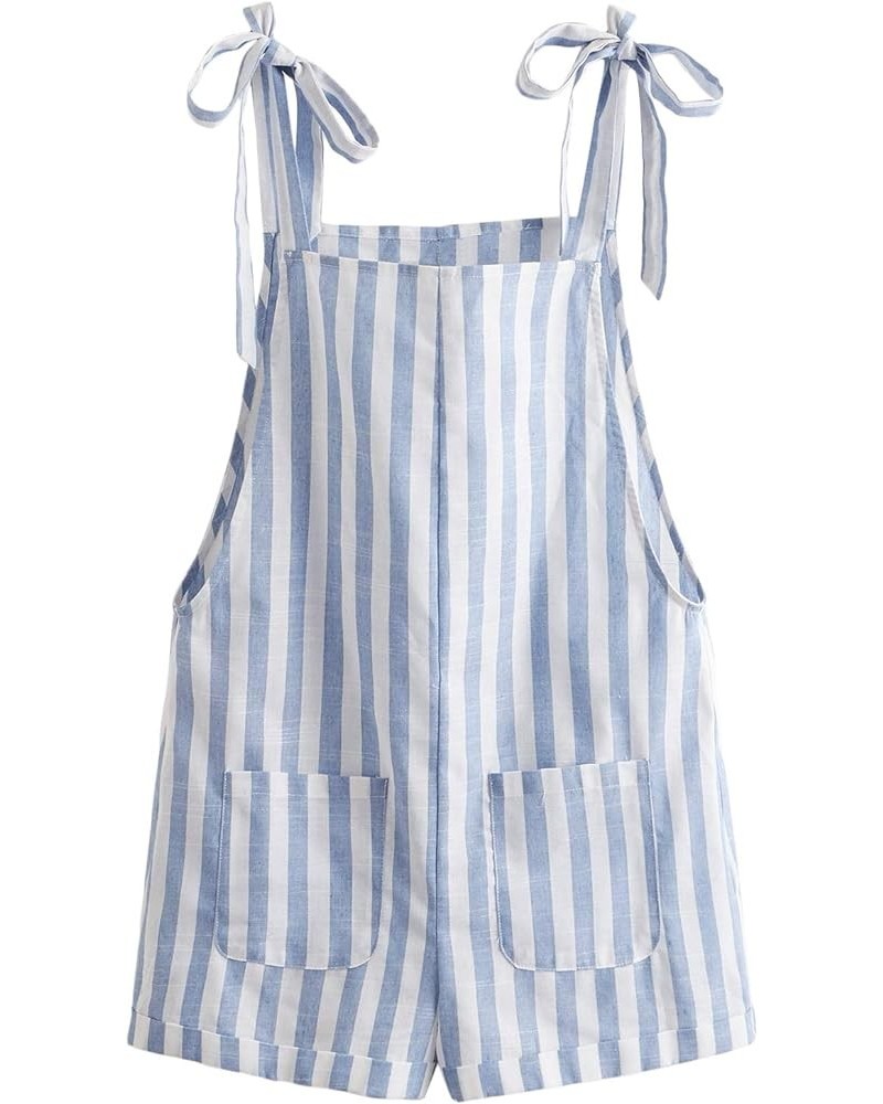 Women Boho Striped Sleeveless Romper Tie Shoulder Pockets Front Overall Jumpsuit Blue and White $13.19 Jumpsuits