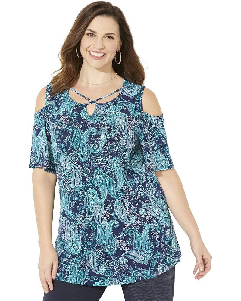 Women's Plus Size Tropical Wish Open-Shoulder Tee Paisley $16.81 Shirts