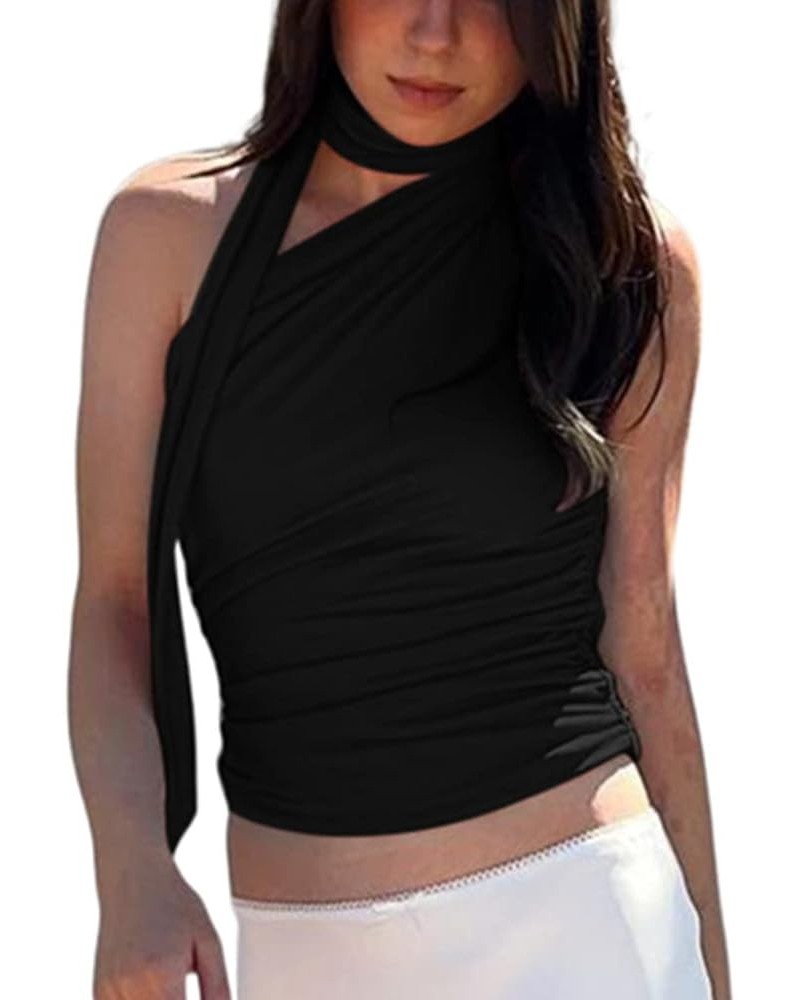 One Shoulder Bodycon Crop Top for Women Sleevelss Casual Slim Fit Tank Vest Summer Going Out Exercise Crop Shirt Halter Black...