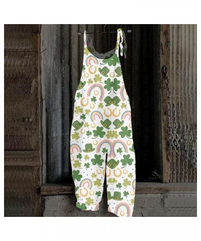 St Patrick's Day Linen Overalls for Women Loose Fit Adjustable Bib Jumpsuit Printed Sleeveless Baggy Wide Leg Rompers 02-pink...