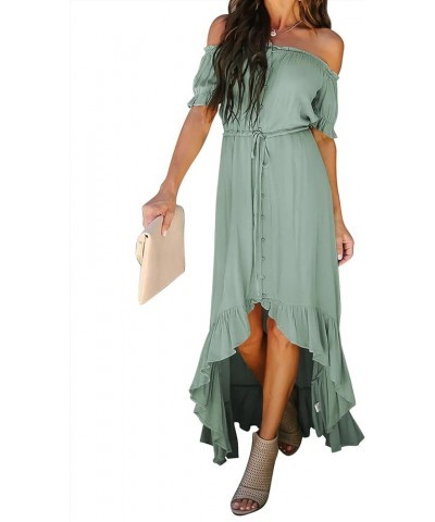 Womens Off The Shoulder Dress Casual Short Sleeve High Low Ruffle Long Maxi Beach Party Dresses A Green $30.08 Dresses