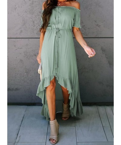 Womens Off The Shoulder Dress Casual Short Sleeve High Low Ruffle Long Maxi Beach Party Dresses A Green $30.08 Dresses