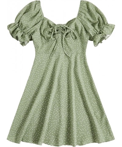 Women's Summer Drawstring Sweetheart Neck Puff Sleeve A Line Short Dress Green $16.40 Dresses