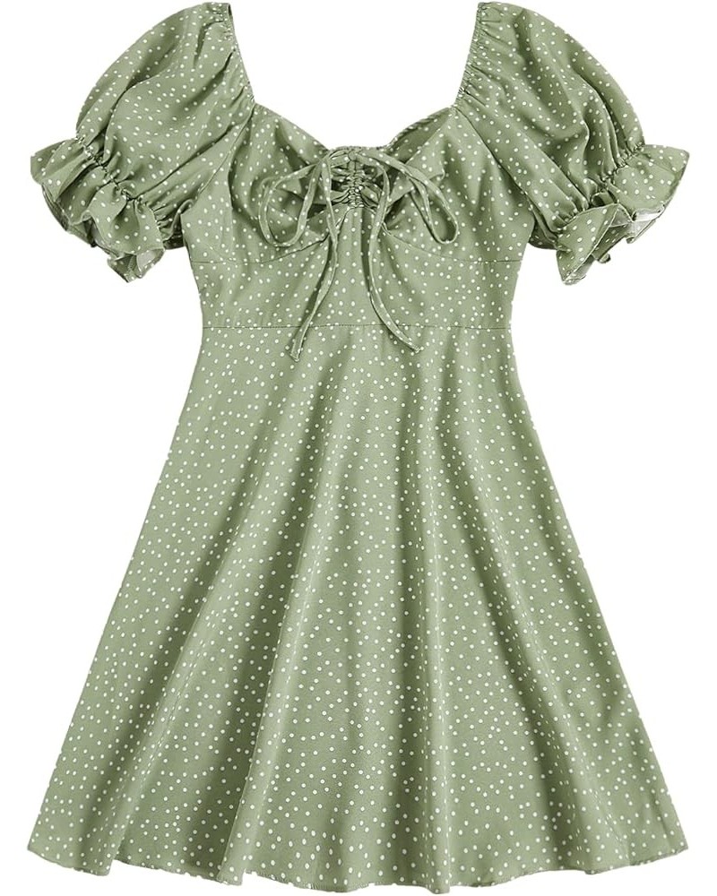 Women's Summer Drawstring Sweetheart Neck Puff Sleeve A Line Short Dress Green $16.40 Dresses