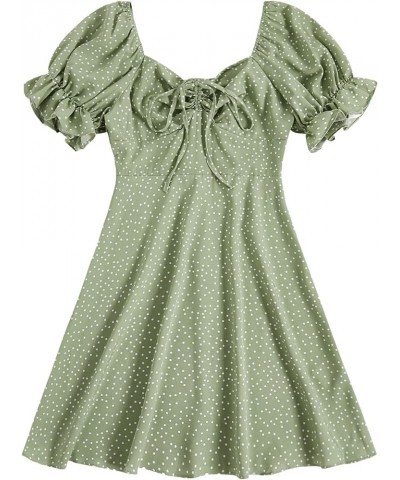 Women's Summer Drawstring Sweetheart Neck Puff Sleeve A Line Short Dress Green $16.40 Dresses