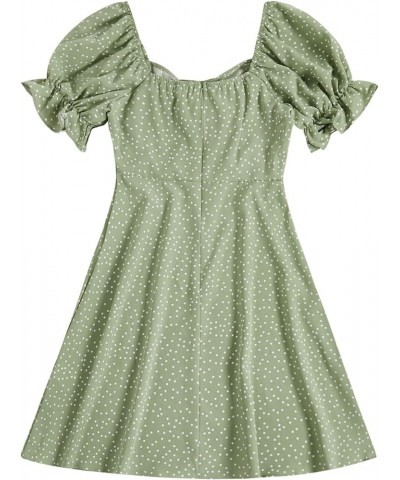 Women's Summer Drawstring Sweetheart Neck Puff Sleeve A Line Short Dress Green $16.40 Dresses